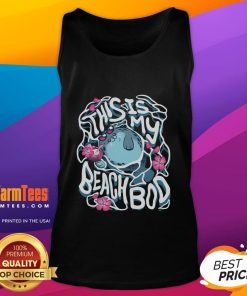 Model wearing a 'Cute This Is My Beach Bod' tank top at the beach, showcasing a fun summer style and vibrant colors.