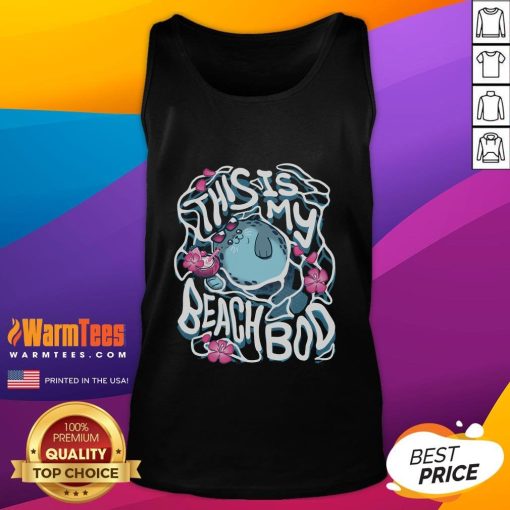 Model wearing a 'Cute This Is My Beach Bod' tank top at the beach, showcasing a fun summer style and vibrant colors.