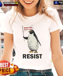 Funny penguin protesting against tariffs on a ladies tee, showcasing a humorous take on penguins and activism.