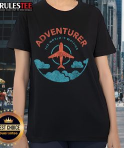 Alt Text: Funny Adventurer tee for ladies featuring 'The World Is Waiting For Travelers' with a plane graphic for travel lovers.