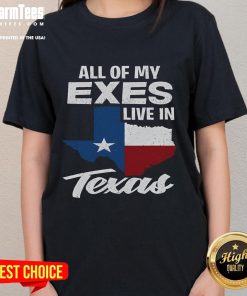 Alt Text: Funny 'All of My Exes Live in Texas' Texan ladies tee showcasing humor and Texas pride in casual fashion.