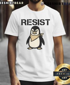 Funny Angry Penguin Resist Protest T-Shirt featuring a cartoon penguin with a protest sign, ideal for humor lovers.
