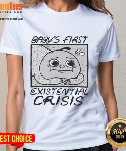 Funny Baby's First Existential Crisis Ladies Tee featuring a cute baby with a thoughtful expression and whimsical design.