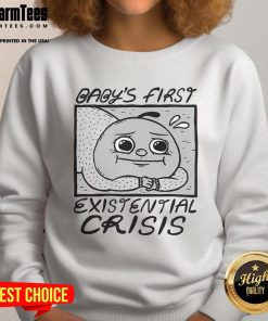 Alt Text: Funny baby's first existential crisis sweatshirt featuring a cute design and playful text for infants and toddlers.