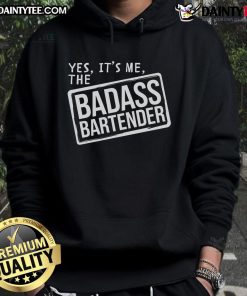 Funny badass bartender wearing a hoodie at a lively pub, showcasing humor and personality in the bar atmosphere.