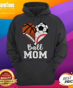 Funny ball mom hoodie featuring soccer, football, baseball, and basketball heart design for sports-loving mothers.