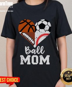 Funny ball mom tee featuring soccer, football, baseball, and basketball designs, perfect for sports-loving ladies.
