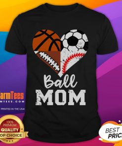 Funny Ball Mom T-Shirt featuring soccer, football, baseball, and basketball heart design, perfect for sports-loving moms.