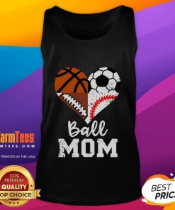 Funny ball mom tank top featuring soccer, football, baseball, and basketball heart design for sports-loving moms.