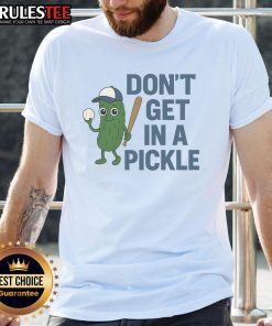Alt Text: Funny Baseball Don't Get In A Pickle T-Shirt featuring a playful pickle graphic and humorous text for baseball fans.