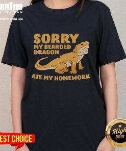 Funny bearded dragon in school attire with a sign 'My Bearded Dragon Ate My Homework' on a ladies tee shirt.