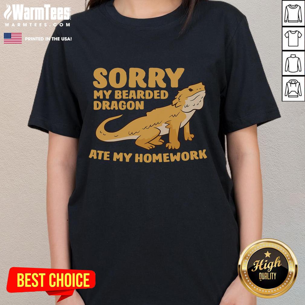 Funny Bearded Dragon School My Bearded Dragon Ate My Homework Ladies Tee Funny bearded dragon in school attire with a sign 'My Bearded Dragon Ate My Homework' on a ladies tee shirt.