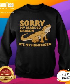 Funny bearded dragon sweatshirt with the phrase My Bearded Dragon Ate My Homework, featuring a cartoon dragon design.