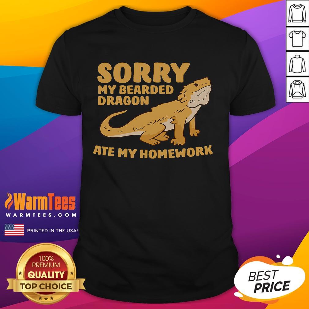 Funny Bearded Dragon School My Bearded Dragon Ate My Homework T Shirt Funny Bearded Dragon T-Shirt featuring a bearded dragon with the phrase 'My Bearded Dragon Ate My Homework'.