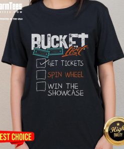 Funny Buckets List tee featuring a spin wheel design, perfect for winning tickets to the showcase. Fun ladies shirt!