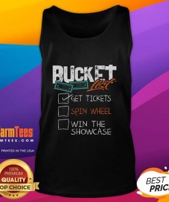 Funny Buckets List tank top featuring a spin wheel design, promoting ticket wins at the showcase event.