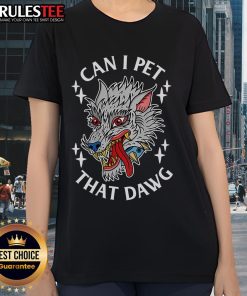 Funny Can I Pet That Dawg Wolf Tattoo Art on a stylish ladies tee, perfect for animal lovers and tattoo enthusiasts.