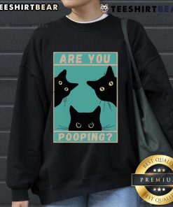 Alt Text: Funny cat sweatshirt featuring a playful design with the phrase Are You Pooping? perfect for cat lovers.