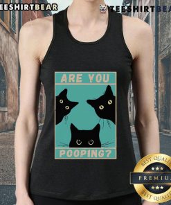 Funny cat in a tank top with the phrase Are You Pooping? capturing a humorous moment for pet lovers and cat enthusiasts.