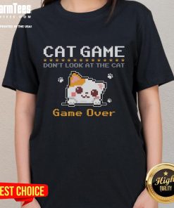 Funny cat gamer pixel art tee for ladies, featuring a playful 'Don't Look At The Cat' design in vibrant colors.