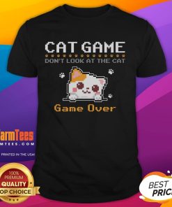 Alt Text: Funny Cat Game 'Don't Look At The Cat' Gamer Pixel Art T-Shirt featuring a playful cat design in vibrant colors.
