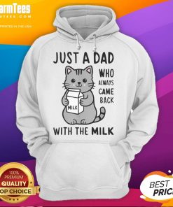 Funny cat hoodie design featuring a humorous dad cat saying 'Just a Dad Who Always Came Back with the Milk.'