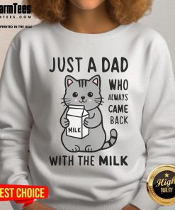 Funny cat sweatshirt featuring 'Just a Dad Who Always Came Back with the Milk' design, perfect for cat lovers and dads.