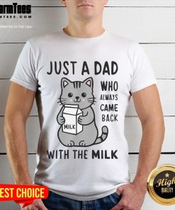 Alt Text: Funny cat t-shirt design featuring the phrase 'Just a Dad Who Always Came Back With The Milk' for cat lovers.