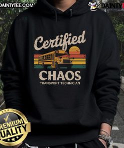 Funny Certified Chaos Transport Technician School Bus Driver Hoodie design featuring playful graphics and vibrant colors.