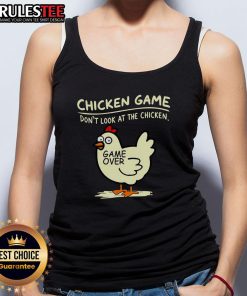 Funny Chicken Game 'Don't Look at Chicken' game over tank top featuring a humorous graphic and vibrant colors.