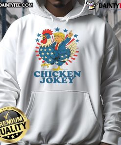 Funny Chicken Jockey Trump Trending Hoodie featuring a whimsical design of a chicken riding a jockey, perfect for humor lovers.