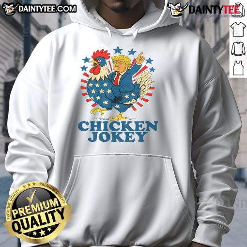 Funny Chicken Jockey Trump Trending Hoodie featuring a whimsical design of a chicken riding a jockey, perfect for humor lovers.