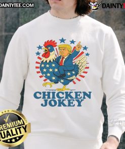 Funny Chicken Jockey Trump Trending Sweatshirt featuring a whimsical chicken riding a jockey in vibrant colors.