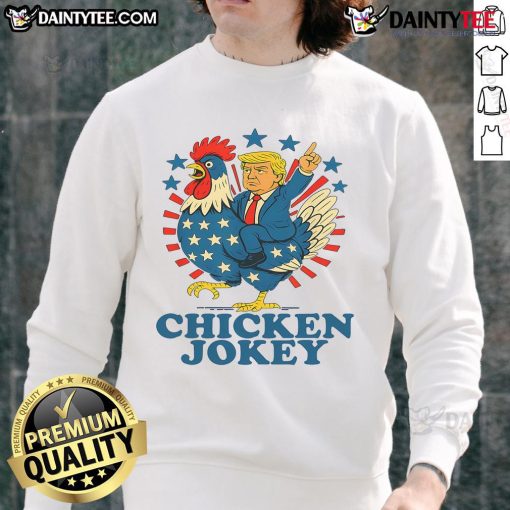 Funny Chicken Jockey Trump Trending Sweatshirt featuring a whimsical chicken riding a jockey in vibrant colors.