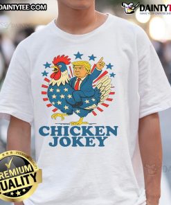 Funny Chicken Jockey Trump Trending T-Shirt with a humorous design featuring a chicken riding a jockey, perfect for fans.