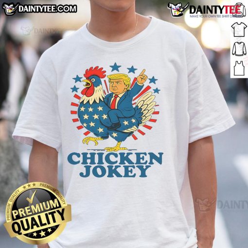Funny Chicken Jockey Trump Trending T-Shirt with a humorous design featuring a chicken riding a jockey, perfect for fans.