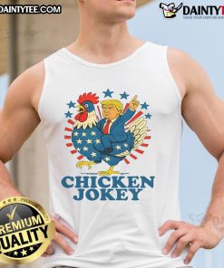 Funny chicken jockey wearing a tank top featuring Trump, trending design perfect for humor lovers and political enthusiasts.