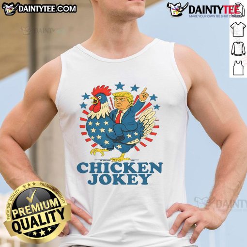 Funny chicken jockey wearing a tank top featuring Trump, trending design perfect for humor lovers and political enthusiasts.