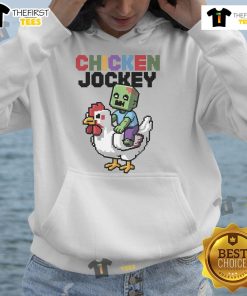Funny chicken jockey zombie pixel art on a hoodie, perfect for zombie gamer style enthusiasts.