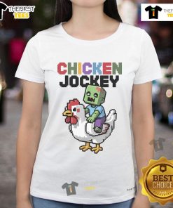 Funny chicken jockey zombie pixel art design for gamers on a stylish ladies tee, perfect for zombie-themed apparel.