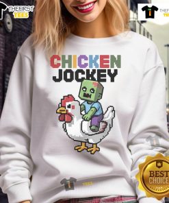 Alt Text: Funny chicken jockey zombie pixel art sweatshirt in gamer style, featuring a quirky and colorful design for gamers.