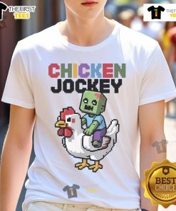 Funny chicken jockey zombie pixel art on a gamer-style T-shirt, perfect for zombie fans and gaming enthusiasts.