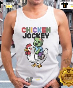 Alt Text: Funny chicken jockey zombie in pixel art style, featured on a gamer-themed tank top for unique fashion.