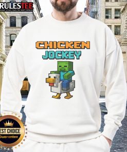 Funny chicken jockey zombie pixel art on a sweatshirt, perfect for zombie gamers and unique graphic apparel lovers.