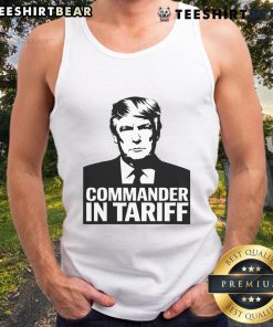 Funny Commander in Tariff political satire tank top, featuring humorous graphics on trade resistance and tariffs.