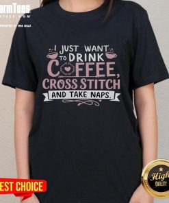 Funny cross stitch crochet design for craft lovers on a knitting ladies tee showcasing humor and creativity in crafting.