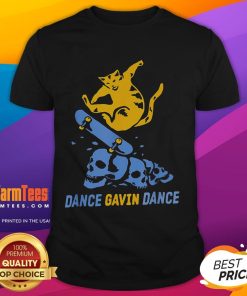 Funny Dance Gavin Dance cat skateboard graphic T-shirt featuring a playful skull design, perfect for skateboarding fans.