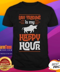 Funny Day Trading Is My Happy Hour T-Shirt featuring a cool stock market bull design for trading enthusiasts.