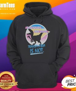 Funny dinosaurs graphic on a hoodie with the slogan 'Dinosaurs Are Cool, Transphobia Is Not' promoting inclusivity.