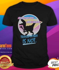 Funny dinosaurs graphic t-shirt with the slogan 'Cool Transphobia Is Not' promoting inclusivity and humor.